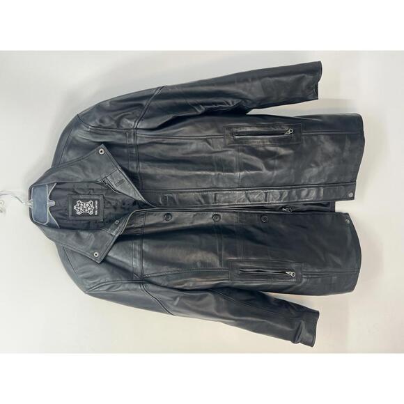 Classic Black Leather Coat Real Leather Zipper Button Closure